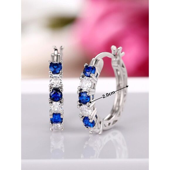 Sapphire Blue Cubic Zirconia Silver Hoop Earrings Classic Elegant Gemstone New - Picture 5 of 7